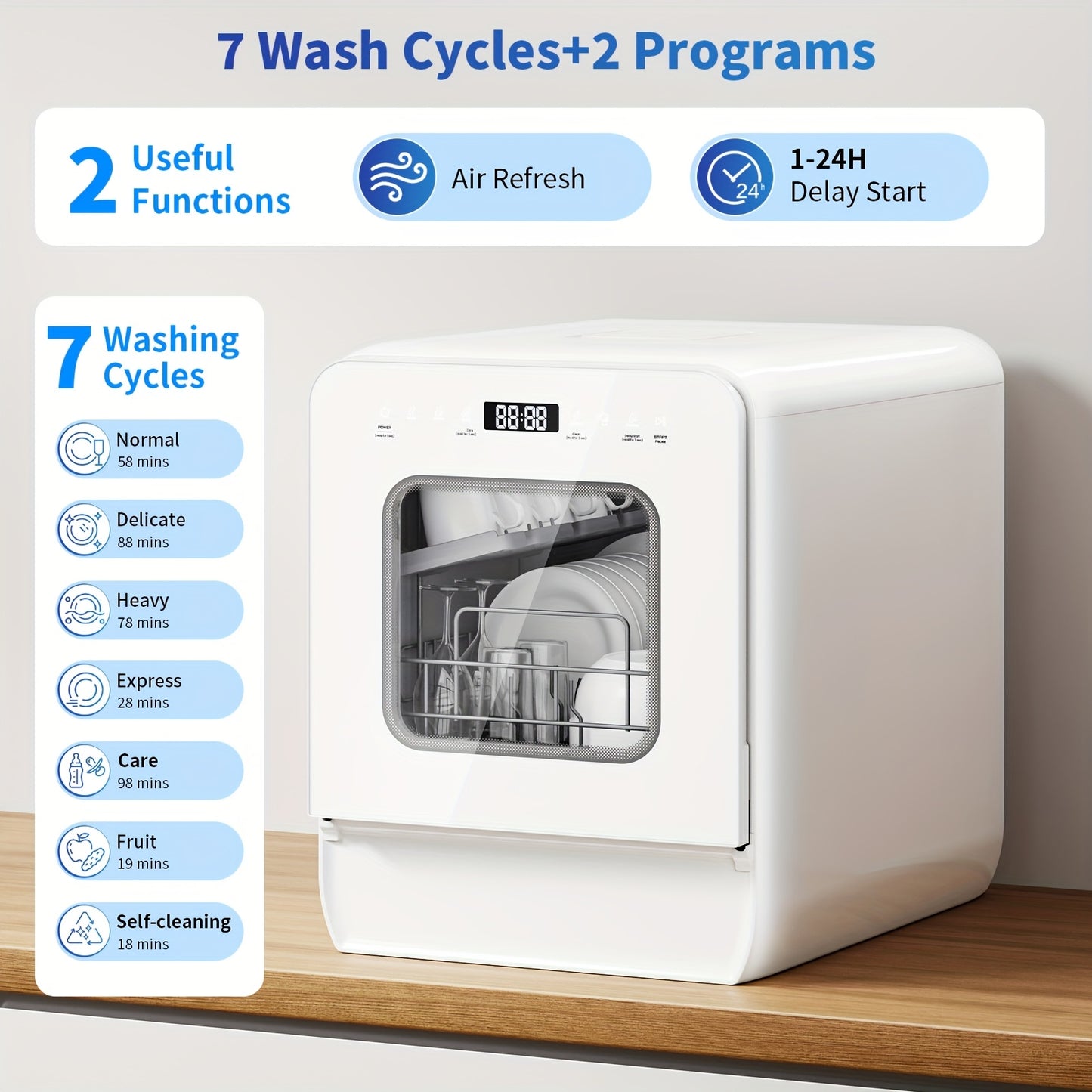 Mini Vaatwasser – Tafelmodel Vaatwasser – Kleine Vaatwasser – Compacte Vaatwasser – Mini Dishwasher – Ingebouwd 5L Waterreservoir – 7+2 Wasprogramma’s & 24-Uurs Uitgestelde Start