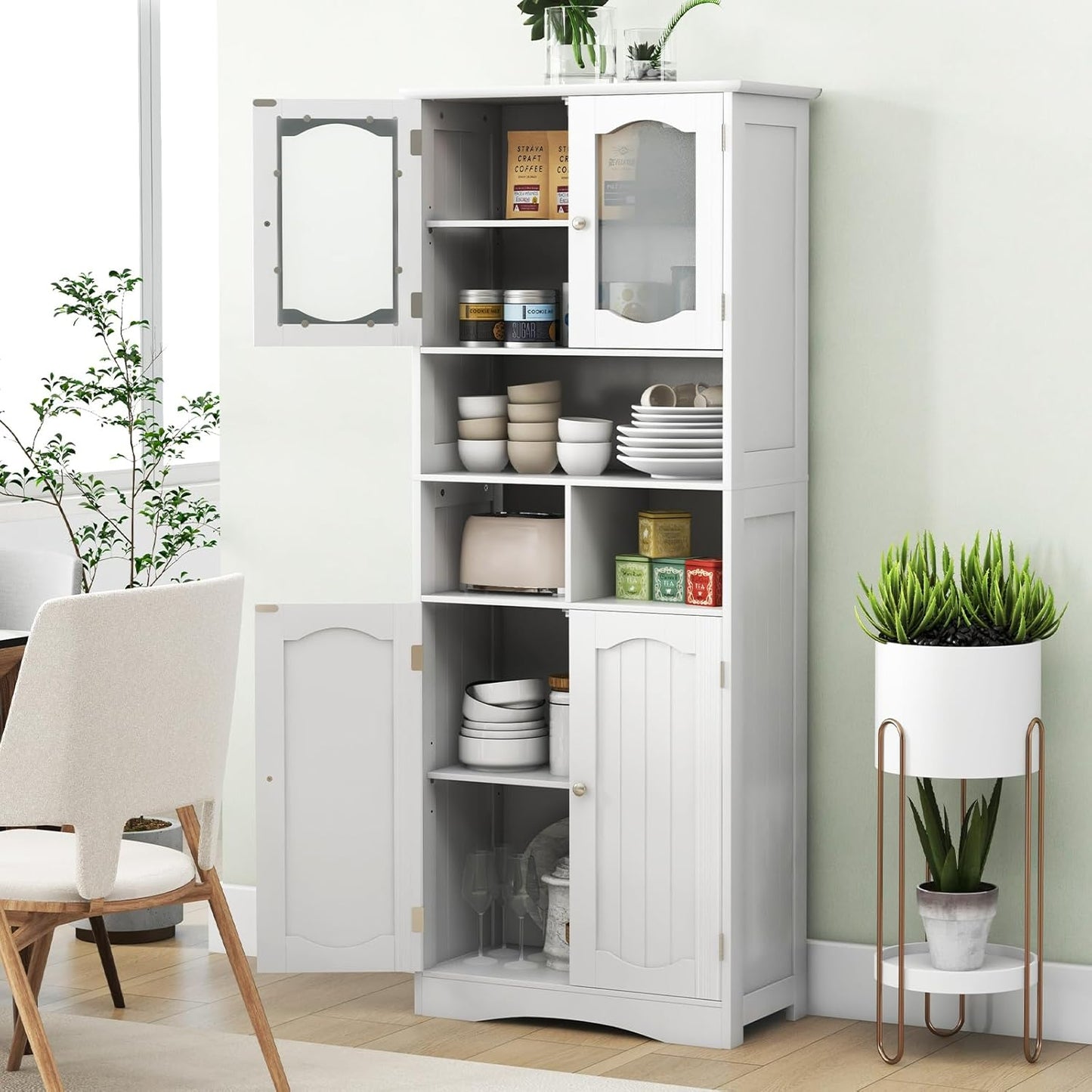 Badkamerkast – Badmeubel – Kolomkast – Wastafelonderkast – Medicijnkastje – Vrijstaand ontwerp – Verstelbare planken – Matglas deuren – MDF wit 60x30x148,5 cm