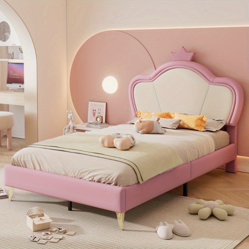 Upholstered Bed – Bedframe – Slaapbank – Bed Met Hoofdbord – Eenpersoonsbed – Roze Wit PU Bekleed – Veiligheidspadding – Metaal Metalen Poten – Elegant Contour Design – 90x200 cm