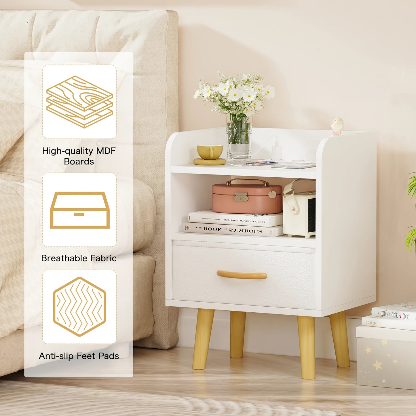 Nachtkastje – Bedside Table – Side Table – End Table – Nightstand – Mid-Century Modern – Wit – Met Lade & Open Plank – Compact 40x30x61 cm – Duurzaam MDF Hout