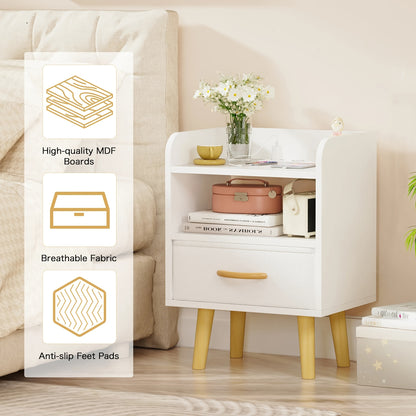 Nachtkastje – Bedside Table – Side Table – End Table – Nightstand – Mid-Century Modern – Wit – Met Lade & Open Plank – Compact 40x30x61 cm – Duurzaam MDF Hout