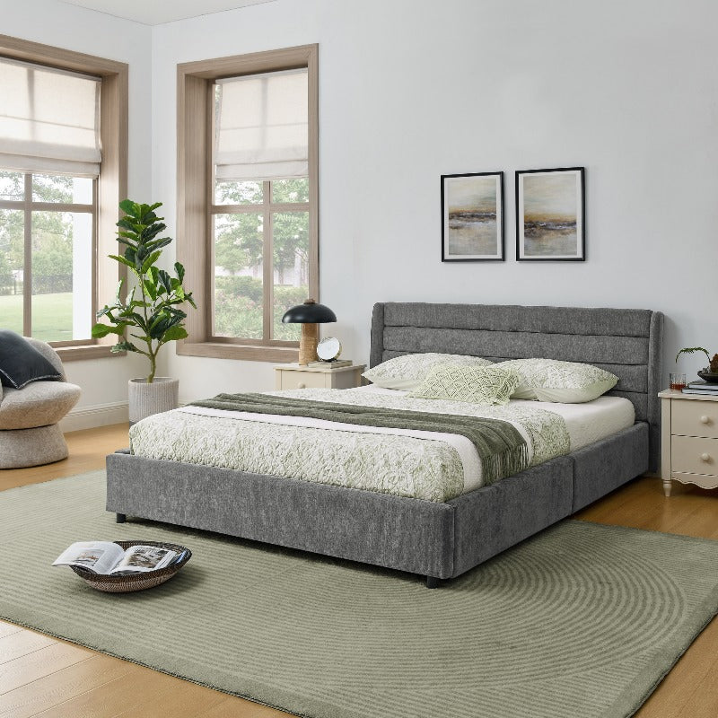 Ledikant – Bedframe – Slaapbank – Bedbank – Stalen Bed – 140x200 cm – Donkergrijs Chenille – 4 Grote Opbergladen – Eenvoudige Montage