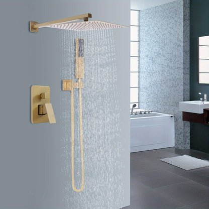 Gouden Douche Systeem – Douche Set – Regendouche – Handdouche – Thermostaatkraan – Thermostatische Temperatuurregeling 0-75°C – Messing Geborstelde Afwerking – Muurmontage Met Universele G½" Aansluiting