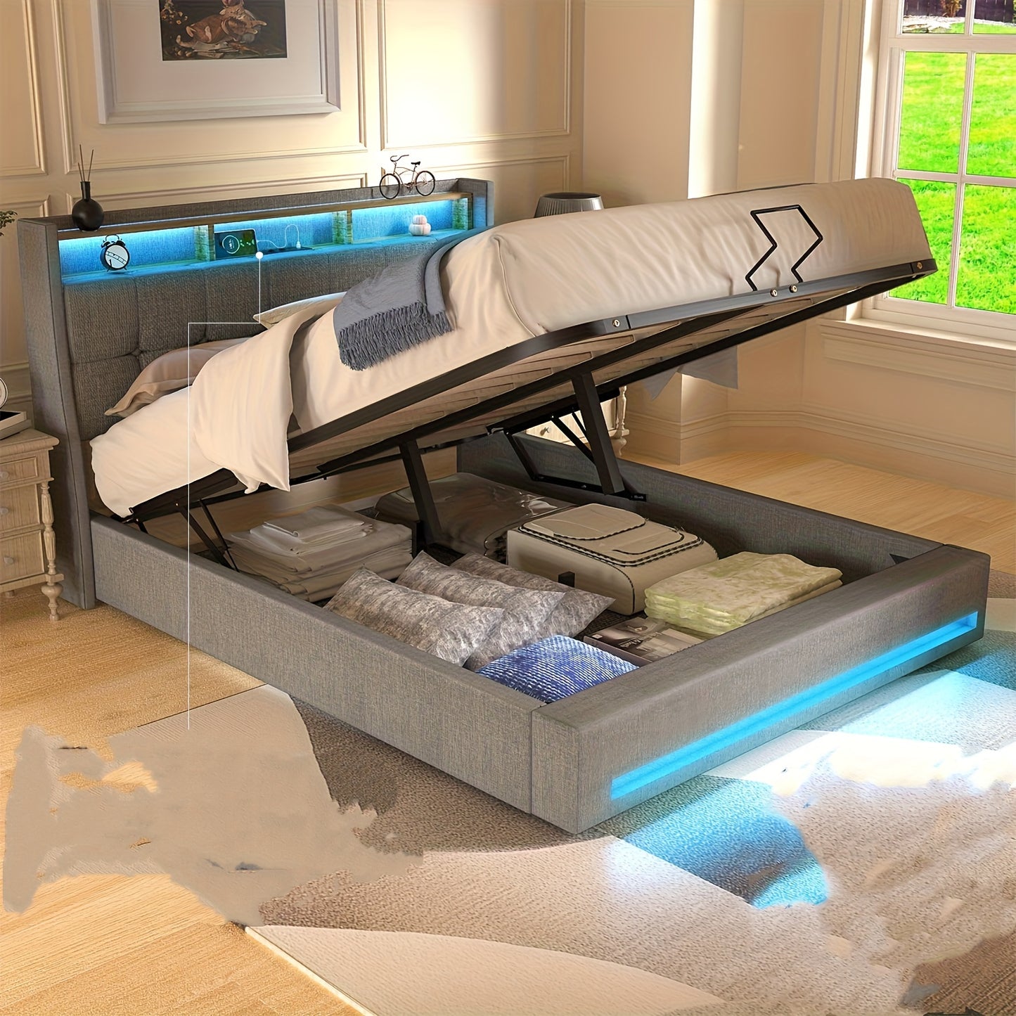 Bedframe met Opbergruimte – Tweepersoonsbed – Gestoffeerd Bed – Opbergbed – Ruimtebesparend Bed – 160x200 cm – Linnen Bekleding – Hydraulisch Hefmechanisme