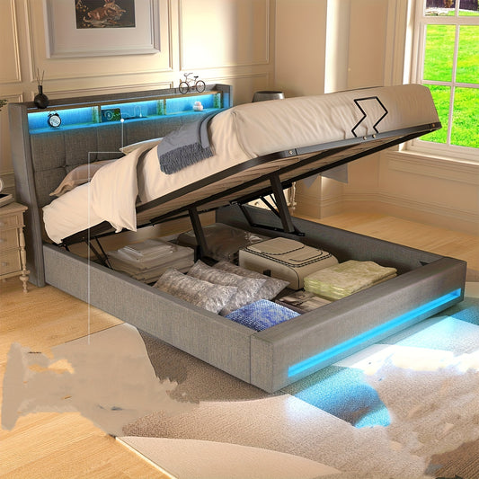 Bedframe met Opbergruimte – Tweepersoonsbed – Gestoffeerd Bed – Opbergbed – Ruimtebesparend Bed – 160x200 cm – Linnen Bekleding – Hydraulisch Hefmechanisme