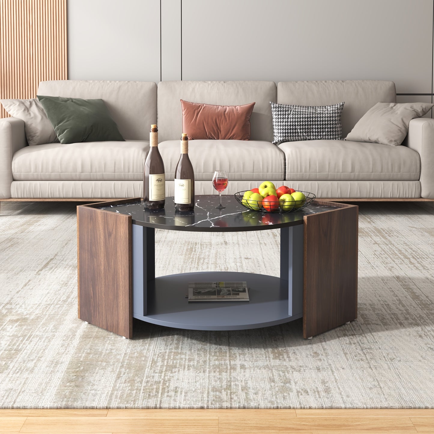 Koffietafel – Salontafel – Bijzettafel – Tafeltje – Lounge Tafel – Modern Marmerlook – Warmbruin Onderstel – Geen Montage – Compact Design