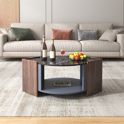Koffietafel – Salontafel – Bijzettafel – Tafeltje – Lounge Tafel – Modern Marmerlook – Warmbruin Onderstel – Geen Montage – Compact Design