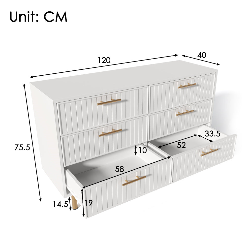 Ladekast – Ladenkast – Kommode – Dressoir – Opbergkast – Wit – 6 Lades – Compact Design Met Gouden Handgrepen – 68,5 cm Hoog