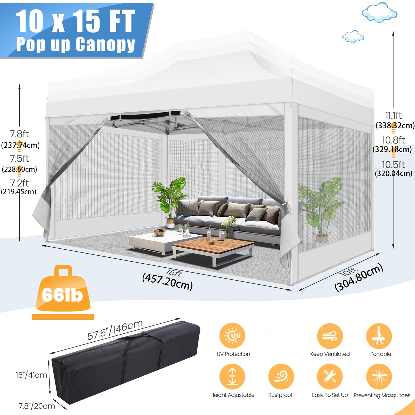3×4.5m Heavy-Duty Pop-Up Tent with 4 Mosquito Net Walls, Easy to Set Up Commercial Gazebo Party Canopy Outdoor Instant Screen Shelter for Backyard Patio Garden