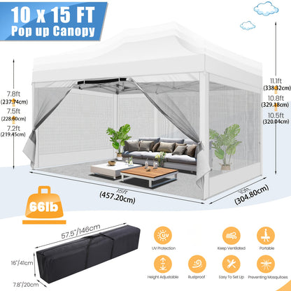 3×4.5m Heavy-Duty Pop-Up Tent with 4 Mosquito Net Walls, Easy to Set Up Commercial Gazebo Party Canopy Outdoor Instant Screen Shelter for Backyard Patio Garden