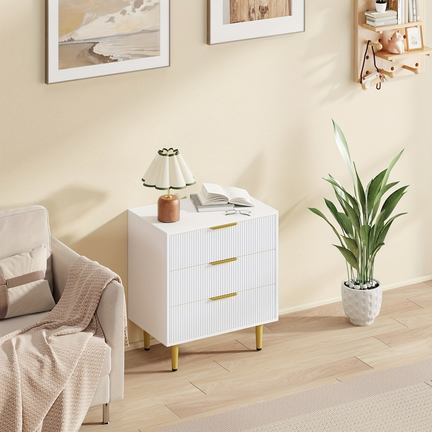 White & Golden Modern 3-Drawer Dresser - Compact Fluted Cabinet with Golden Accent Legs & Knobs, Space-Saving Wood-Like (No Assembly Issues) - Small Chest of Drawers for Bedroom, Living Room, Entryway, Bedside Table/Nightstan