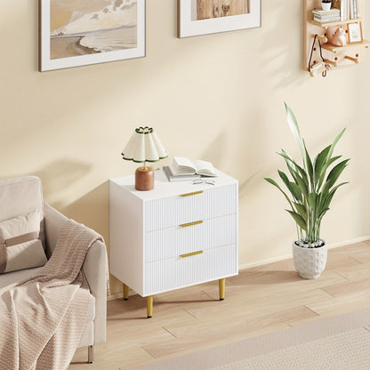 White & Golden Modern 3-Drawer Dresser - Compact Fluted Cabinet with Golden Accent Legs & Knobs, Space-Saving Wood-Like (No Assembly Issues) - Small Chest of Drawers for Bedroom, Living Room, Entryway, Bedside Table/Nightstan