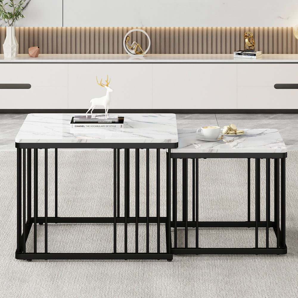 Salontafelset – Woonkamertafel – Bijzettafel – Tafeltje – Salontafels – Wit Marmerlook – Hoogglans MDF – Verstelbare Pootjes – Draagvermogen 30 kg