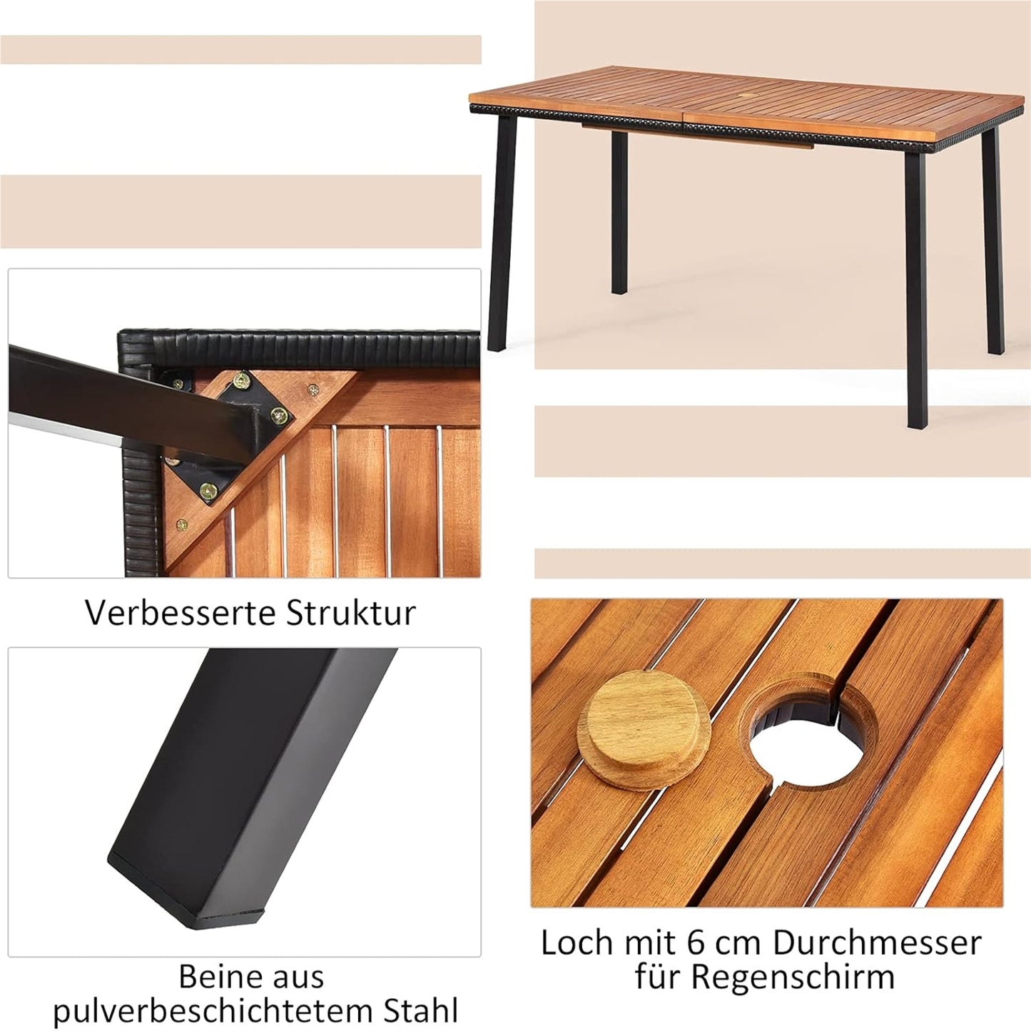 Tuintafel – Terrastafel – Buiten tafel – Eettafel – Houtentafel – Acaciahouten Blad – Met Parasolgat – 140x75x76 cm – Voor 6-8 Personen