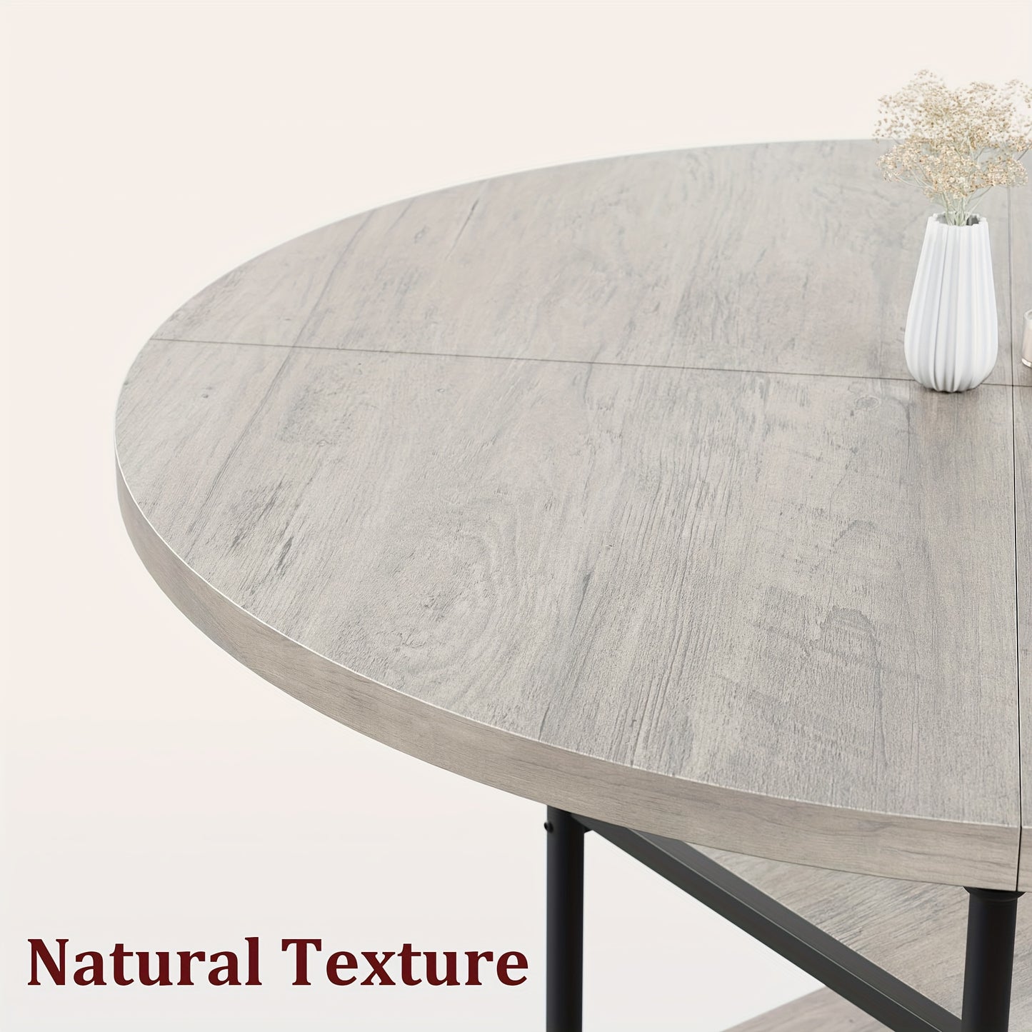 Eettafel Rond – Ronde Keukentafel – Eetkamertafel – Ronde Tafel – Eethoek – 4 Persoons – 3 Opbergplanken – 4,06 cm Dik Houten Blad Met Metalen Poten – Compact Modern Grijs Design