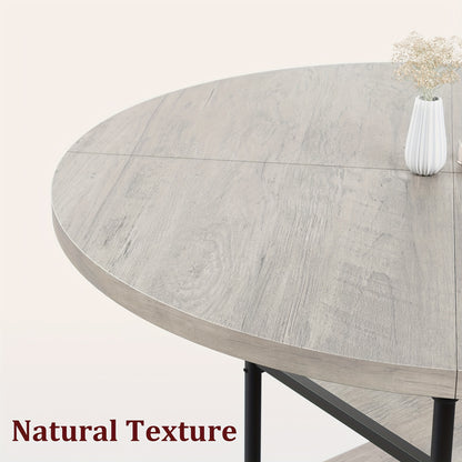 Eettafel Rond – Ronde Keukentafel – Eetkamertafel – Ronde Tafel – Eethoek – 4 Persoons – 3 Opbergplanken – 4,06 cm Dik Houten Blad Met Metalen Poten – Compact Modern Grijs Design