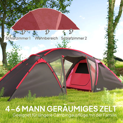 Tunneltent – Campingtent – Familietent – Kampeertent – Outdoor Tent – Voor 4-6 Personen – Drie Aparte Kamers – Dubbelen Deuren – Lichtgrijs
