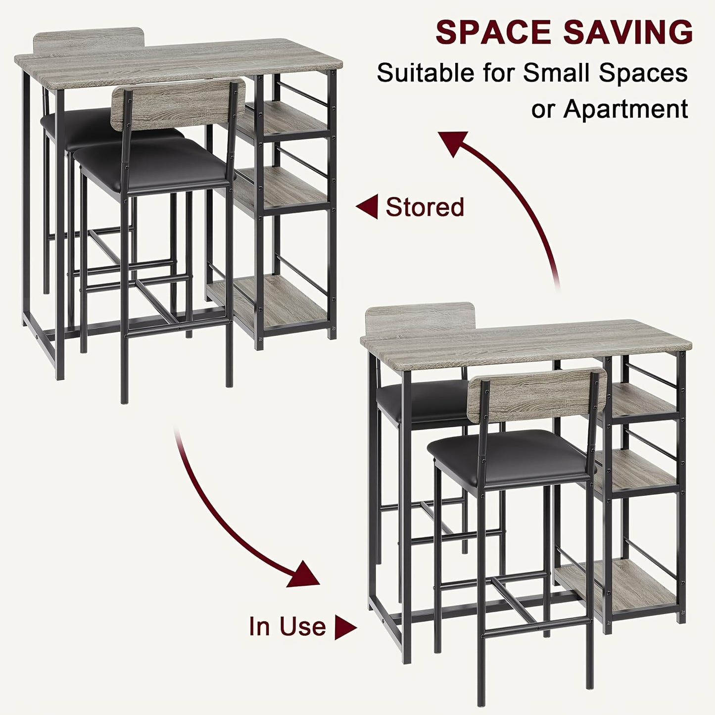 2-Person Kitchen Dining Table and Chair Set with 3-Tier Storage Shelves - Space-Saving Modern Farmhouse Style High Bar Table with PU Upholstered Chairs, Sturdy Wood & Steel Construction, Surface, Grey Finish for  Spaces, Apar