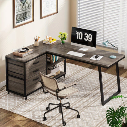 Hoekbureau – L-vormig Bureau – Computerbureau – Schrijftafel – Werkplek Bureau – Omkeerbaar Ontwerp – 3 Lades & Opbergruimte – Industrieel Grijs – 134,6 cm Breed