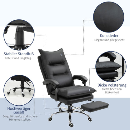 Bureaustoel – Kantoorstoel – Draaistoel – Gamestoel – Ergonomische Stoel – Verstelbare Zithoogte – Kunstleren Bekleding – Met Voetensteun – Zwart – 66 x 72 x 122-130 cm