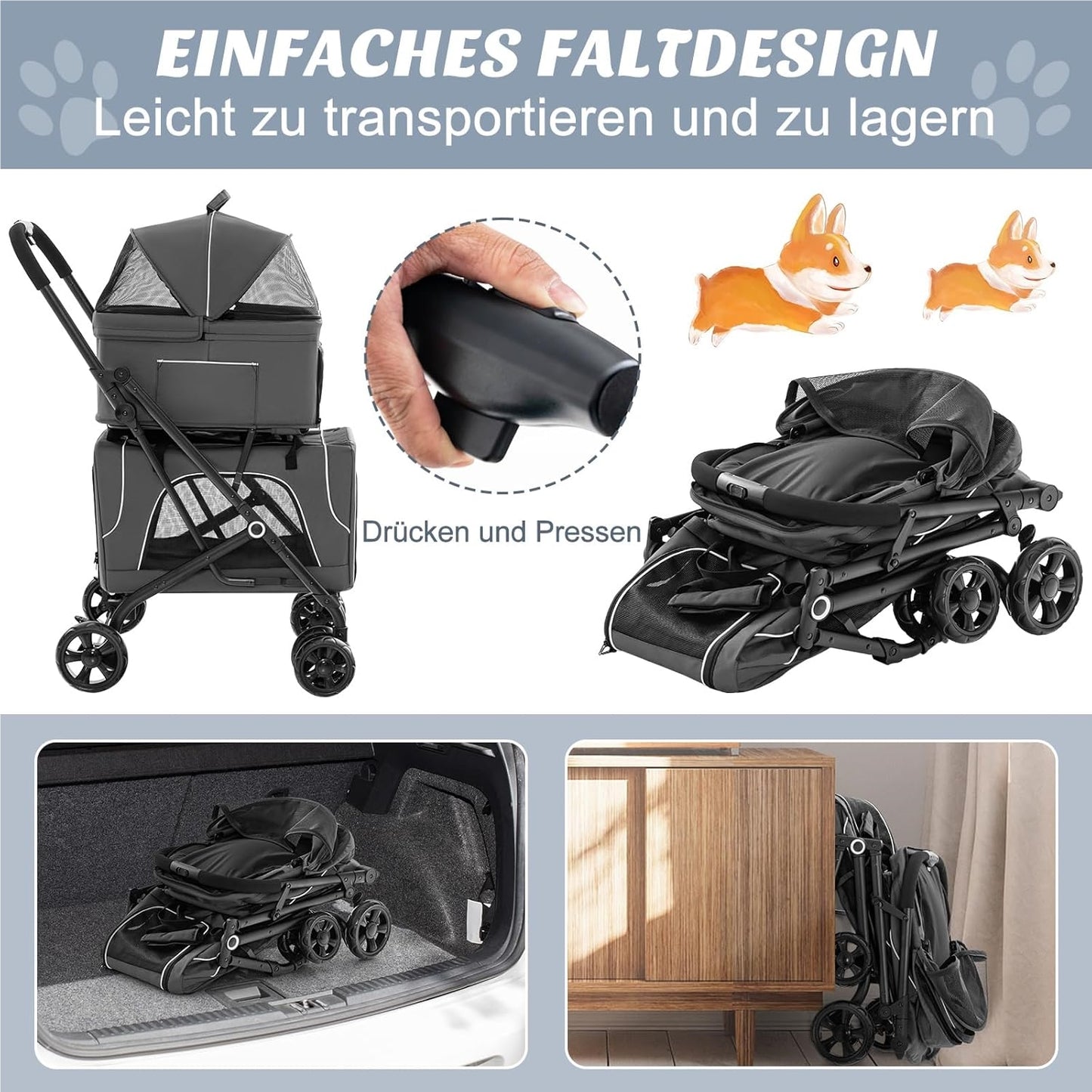 Hondenbuggy – Dierenwagen – Huisdierenwagen – Wandelwagen – Transportbox – 3-in-1 met Ventilerende Gaasramen – Inklapbaar Tot 16 kg