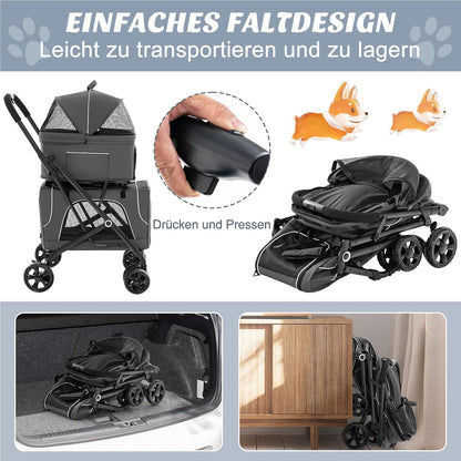 Hondenbuggy – Dierenwagen – Huisdierenwagen – Wandelwagen – Transportbox – 3-in-1 met Ventilerende Gaasramen – Inklapbaar Tot 16 kg