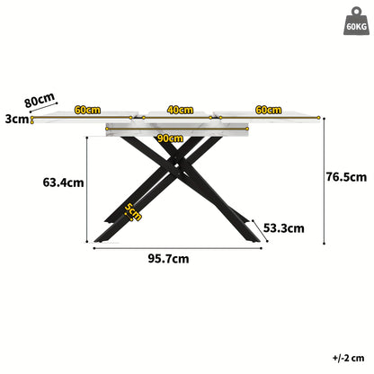 Eettafel – Dinertafel – Keukentafel – Salontafel – Eetkamertafel – Uitbreidbaar – Marmerlook Wit Tafelblad – Zwart Metalen Frame – Verstelbaar 120-160 cm – Ruimtebesparend Modern Design