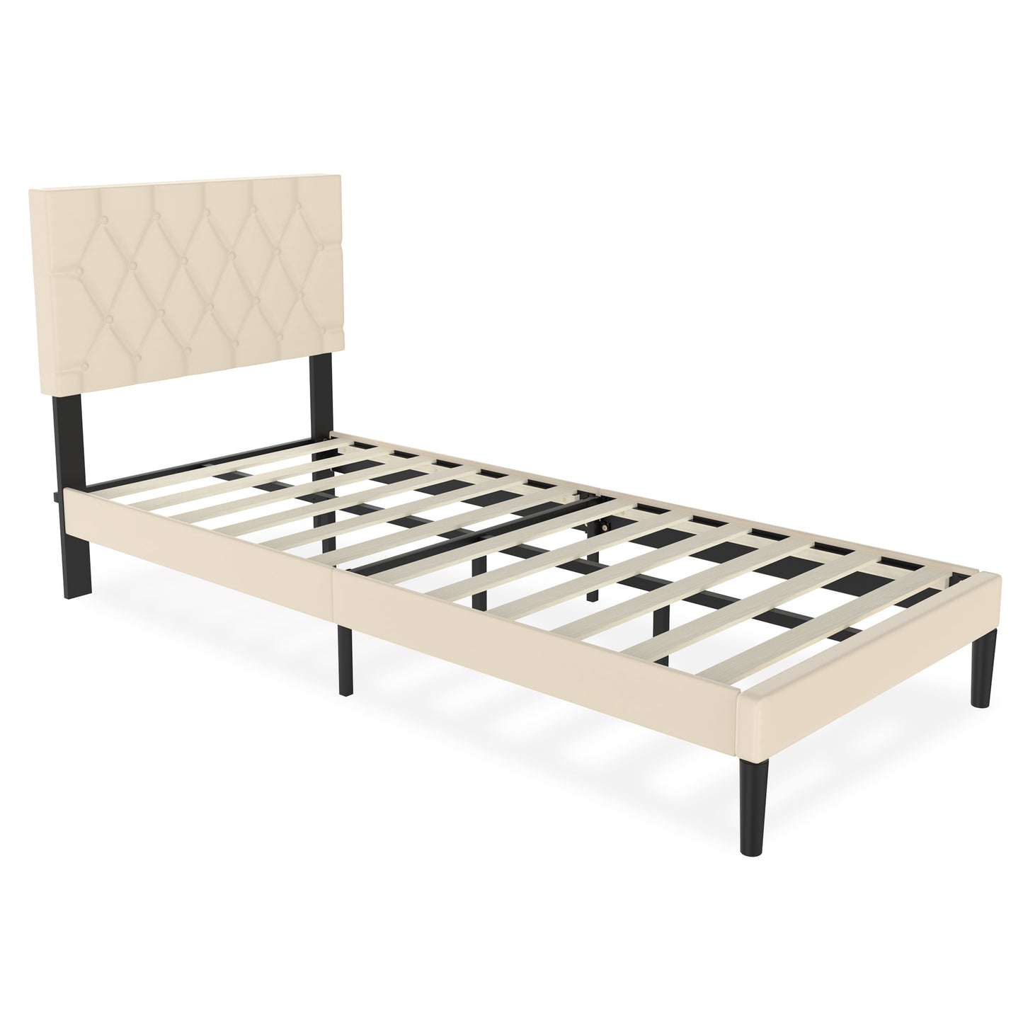 Upholstered Bed Frame Upholstered Bed with Headboard and Slatted Frame Bed Metal Platform Bed Frame Mattress Foundation, Leather, Beige/Black
