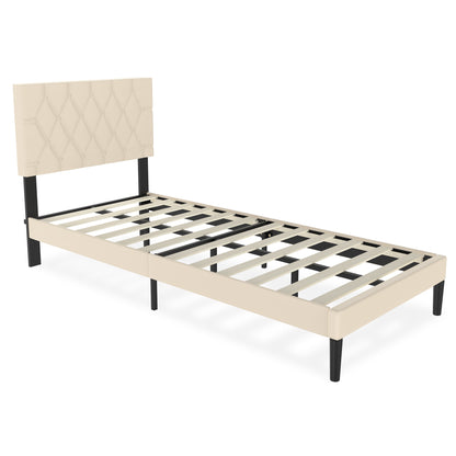 Upholstered Bed Frame Upholstered Bed with Headboard and Slatted Frame Bed Metal Platform Bed Frame Mattress Foundation, Leather, Beige/Black