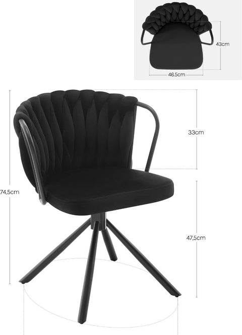 Eetkamerstoel - Set van 2 stoelen - Fluweel eetkamer stoel - Eettafel stoel - Fauteuil - Velvet - Armleuning - Draaibaar - Zwarte Poot - Zwart