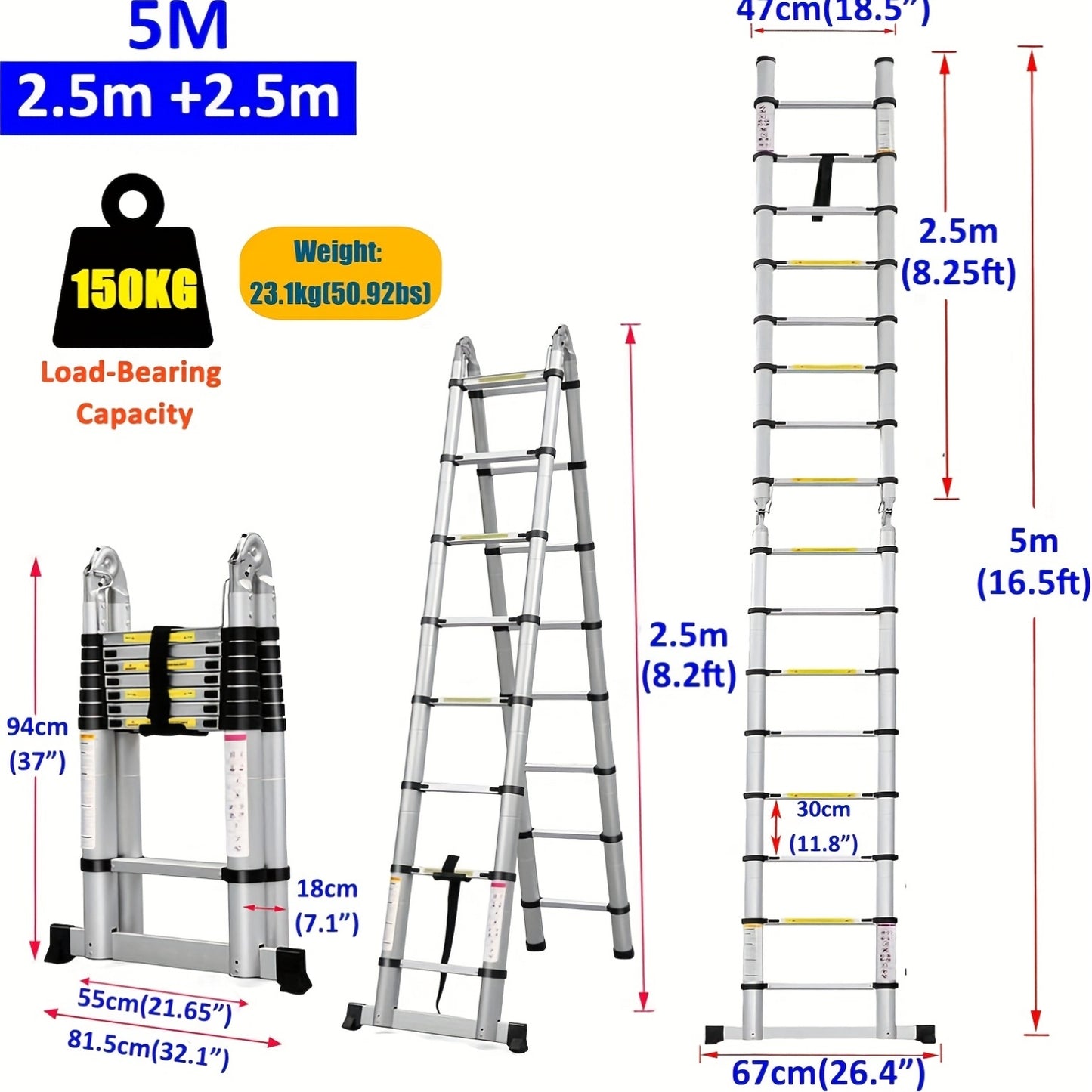 Telescopische Vouwladder – Uitschuifbare Ladder – Opvouwbare Trap – A-Frame Ladder – Steigerladder – 5 Meter Bereik – Robuuste Metalen Constructie