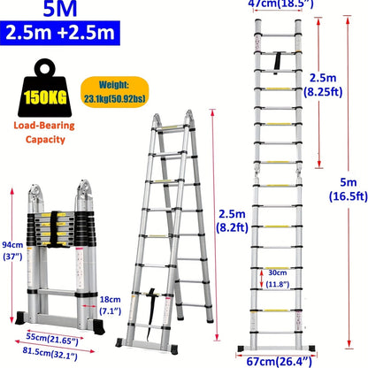 Telescopische Vouwladder – Uitschuifbare Ladder – Opvouwbare Trap – A-Frame Ladder – Steigerladder – 5 Meter Bereik – Robuuste Metalen Constructie