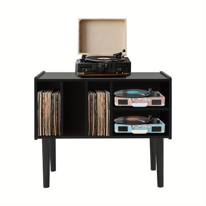 Modern Black Vinyl Record Player Stand with Storage Cabinet - Heavy-Duty MDF & Iron Construction, 80.01cm x 68.07cm x 39.88cm Turntable Stand with 4-Tier Shelves, Holds 220 Vinyl Records, Space-Saving Design for Living Room,