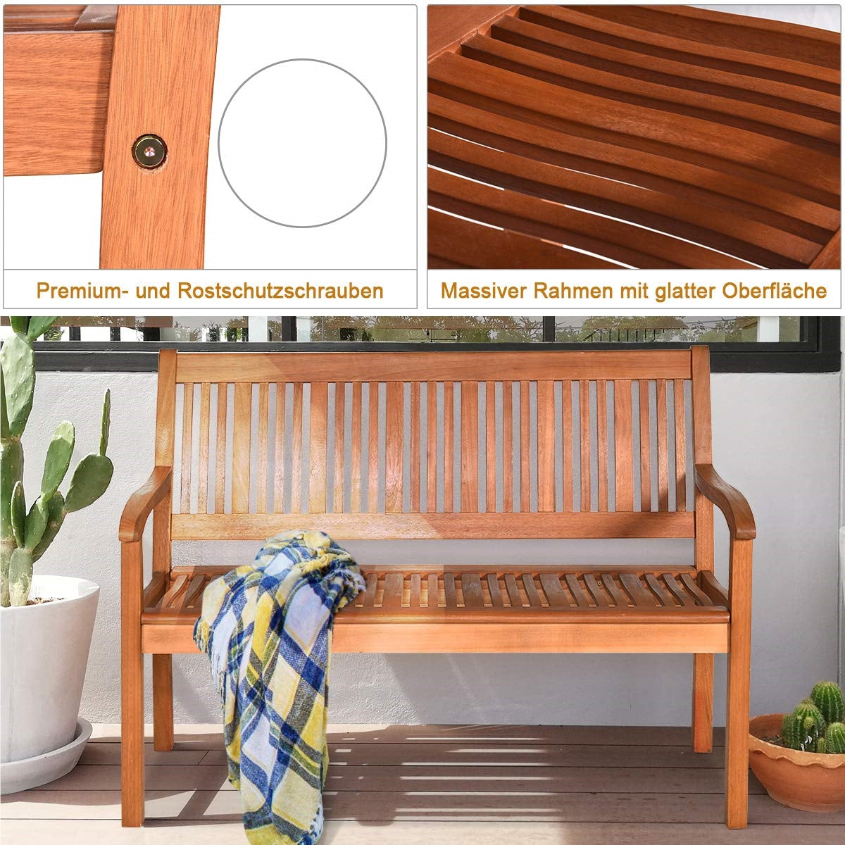 Houten Tuinbank – Buitenbank – Parkbank – Balkonbank – Terrasbank – Acaciahouten Bank – Weerbestendig – Belastbaar Tot 320 Kg – 126x63x91 Cm
