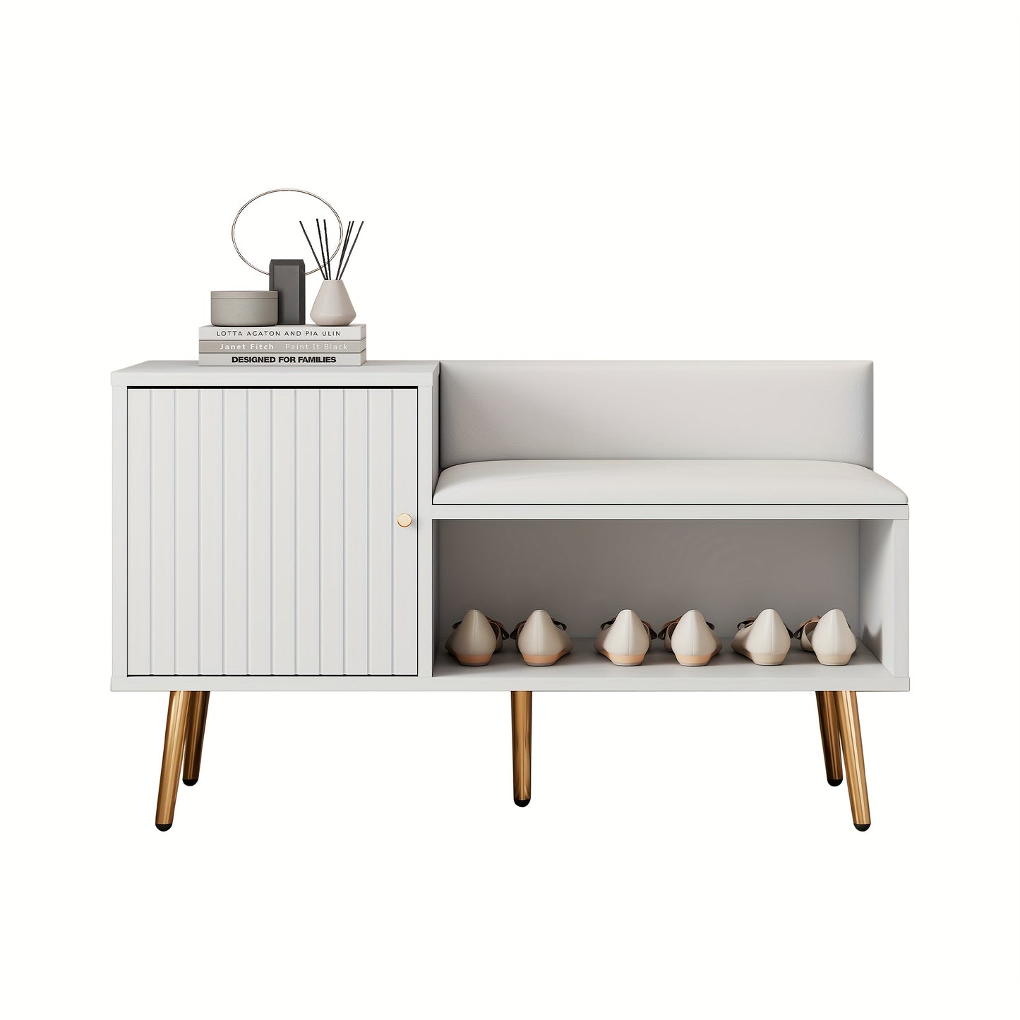 Schoenenkast – Schoenenrek – Schoenenopberger – Schoenenbank – Opbergkast – Met Gepolsterde Zitting En Rugleuning – Metaal Met Wit Design – 100x40x58 cm – Modern En Compact