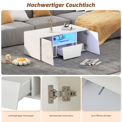 Salontafel – Koffietafel – Woonkamertafel – Bijzettafel – Tafel – Glanzend Wit – 2 Kasten & 1 Lade – 100x50x40 cm – Onregelmatige Vorm – Duurzaam & Gemakkelijk te Monteren