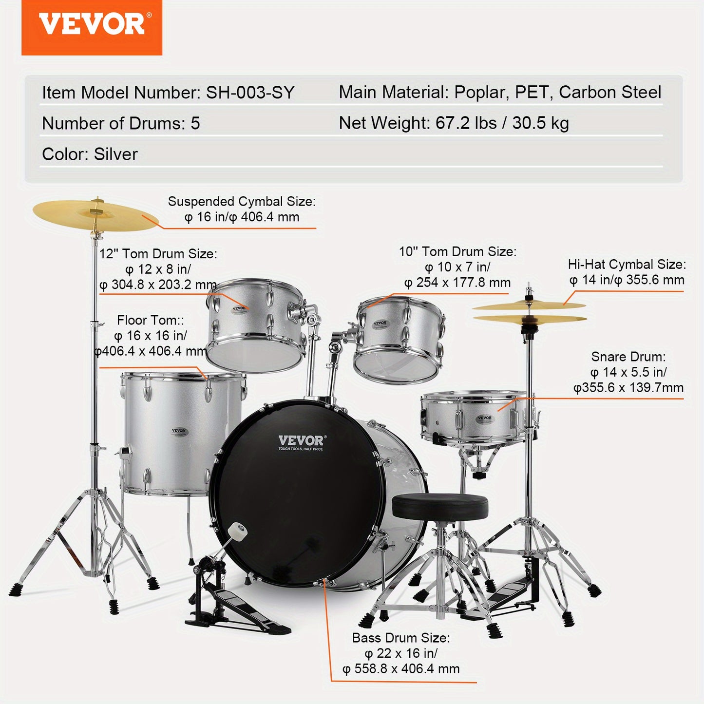 Drumstel – Drums – Schlagwerk – Percussie – Drum Kit – 5-Delig Compleet – Verstelbare Kruk – 55,88 cm Basdrum – Zilverkleurig