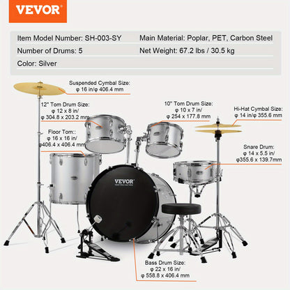 Drumstel – Drums – Schlagwerk – Percussie – Drum Kit – 5-Delig Compleet – Verstelbare Kruk – 55,88 cm Basdrum – Zilverkleurig