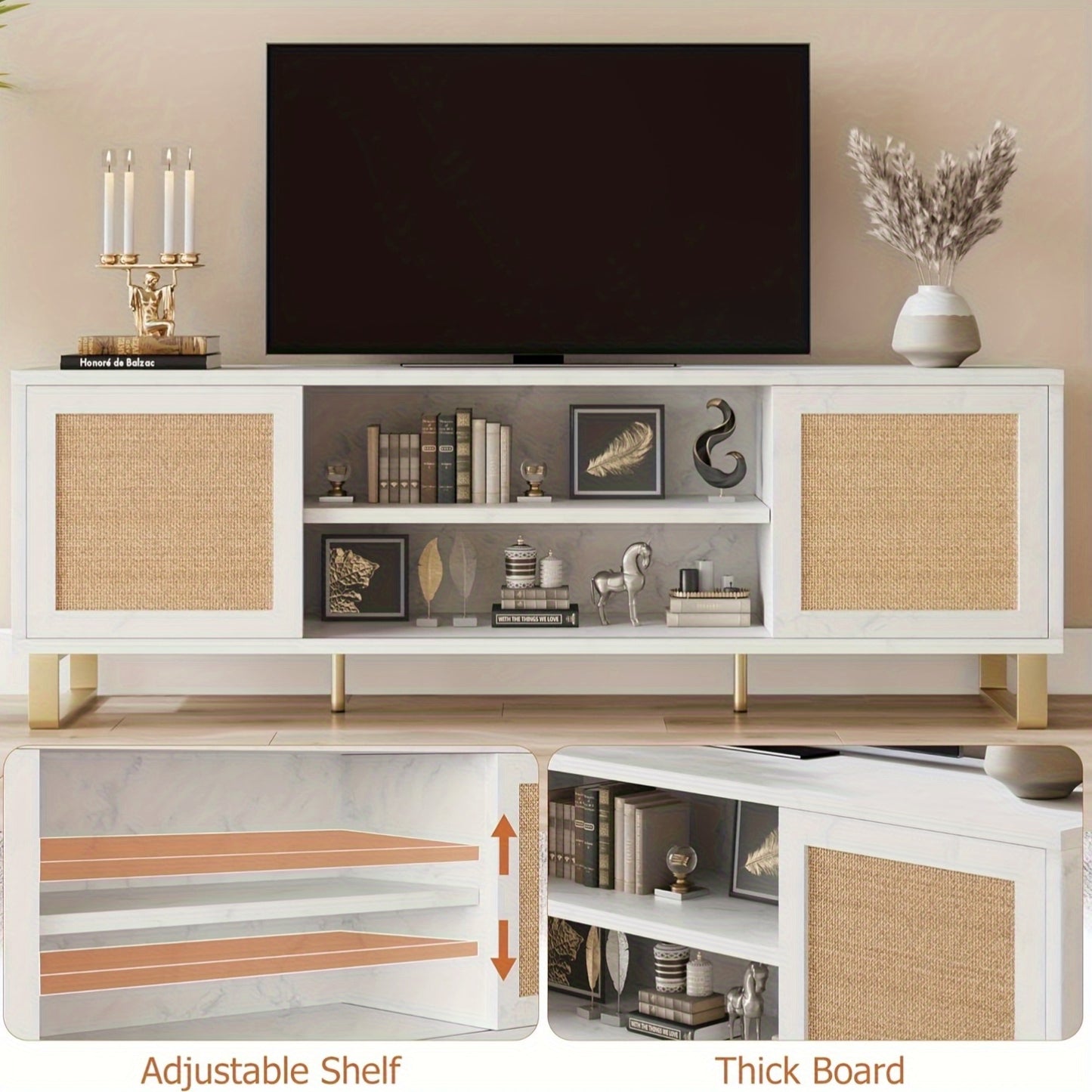 TV-meubel – Tv Kast – Mediameubel – Tv Meubel – Tv Dressoir – Wit Rattan Accent – Geschikt Voor 65 Inch TV – Verstelbare Planken – Duurzame MDF Constructie