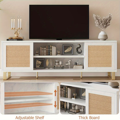 TV-meubel – Tv Kast – Mediameubel – Tv Meubel – Tv Dressoir – Wit Rattan Accent – Geschikt Voor 65 Inch TV – Verstelbare Planken – Duurzame MDF Constructie