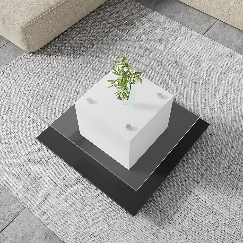Salontafel – Koffietafel – Tafel – Bijzettafel – Glasplaat – Zwart – Verstelbare Wieltjes – Opbergruimte – Hoogwaardig Glas – Compact Vierkant Design