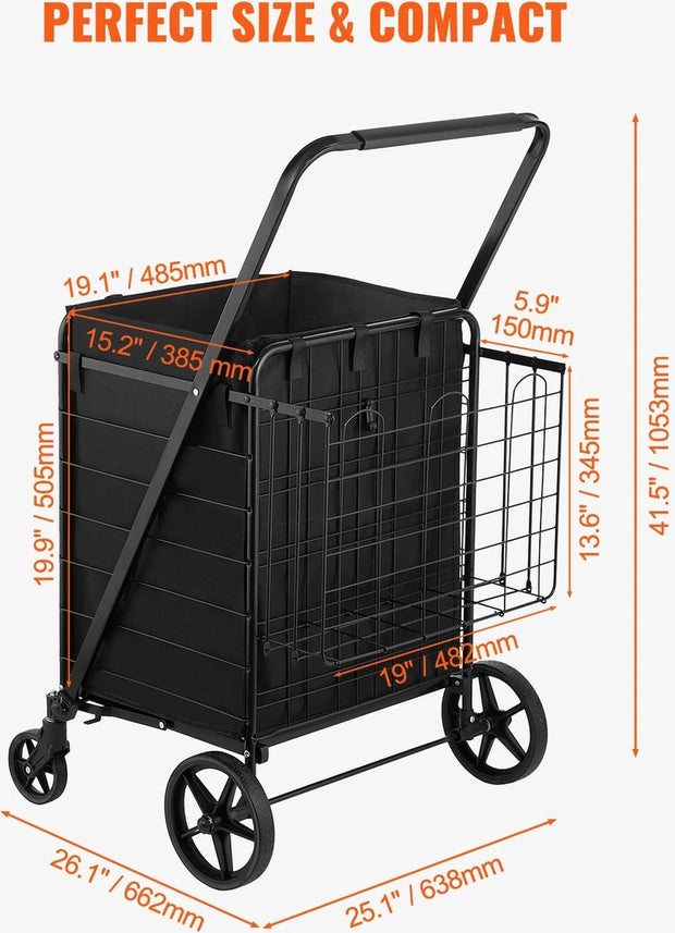 Tumex - Shopping Trolley - Foldable Shopping Cart - Waterproof Lining - 150.5kg Capacity - 360° Swivel Wheels - Extra Rear Basket