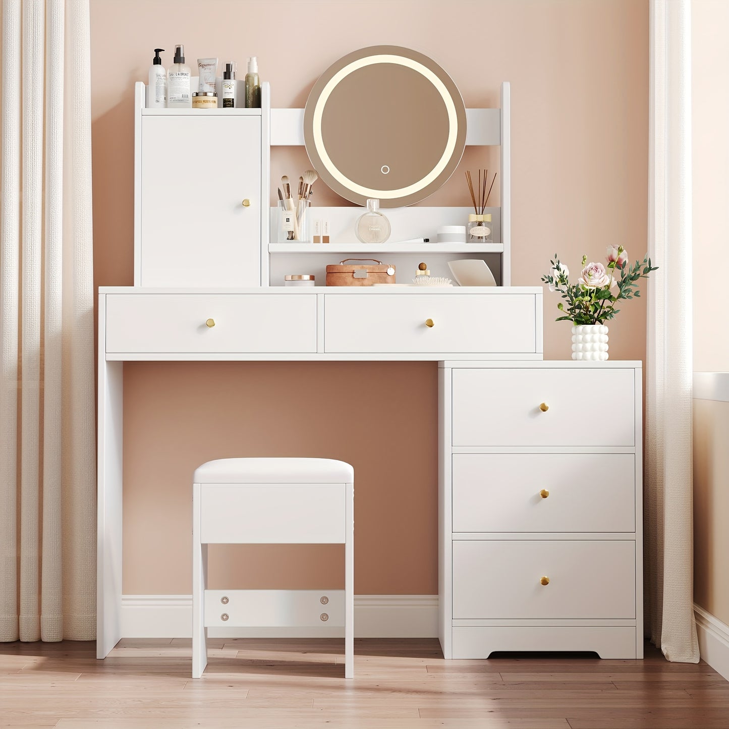 Kaptafel Wit – Dressing Table – Make-up Tafel – Make-up Kaptafel – Vanity Table – 5 Laden & Kast – Vrijstaand Ontwerp – Compact & Duurzaam – Inclusief Kruk