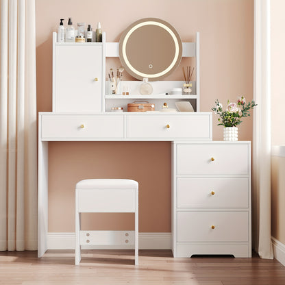 Kaptafel Wit – Dressing Table – Make-up Tafel – Make-up Kaptafel – Vanity Table – 5 Laden & Kast – Vrijstaand Ontwerp – Compact & Duurzaam – Inclusief Kruk
