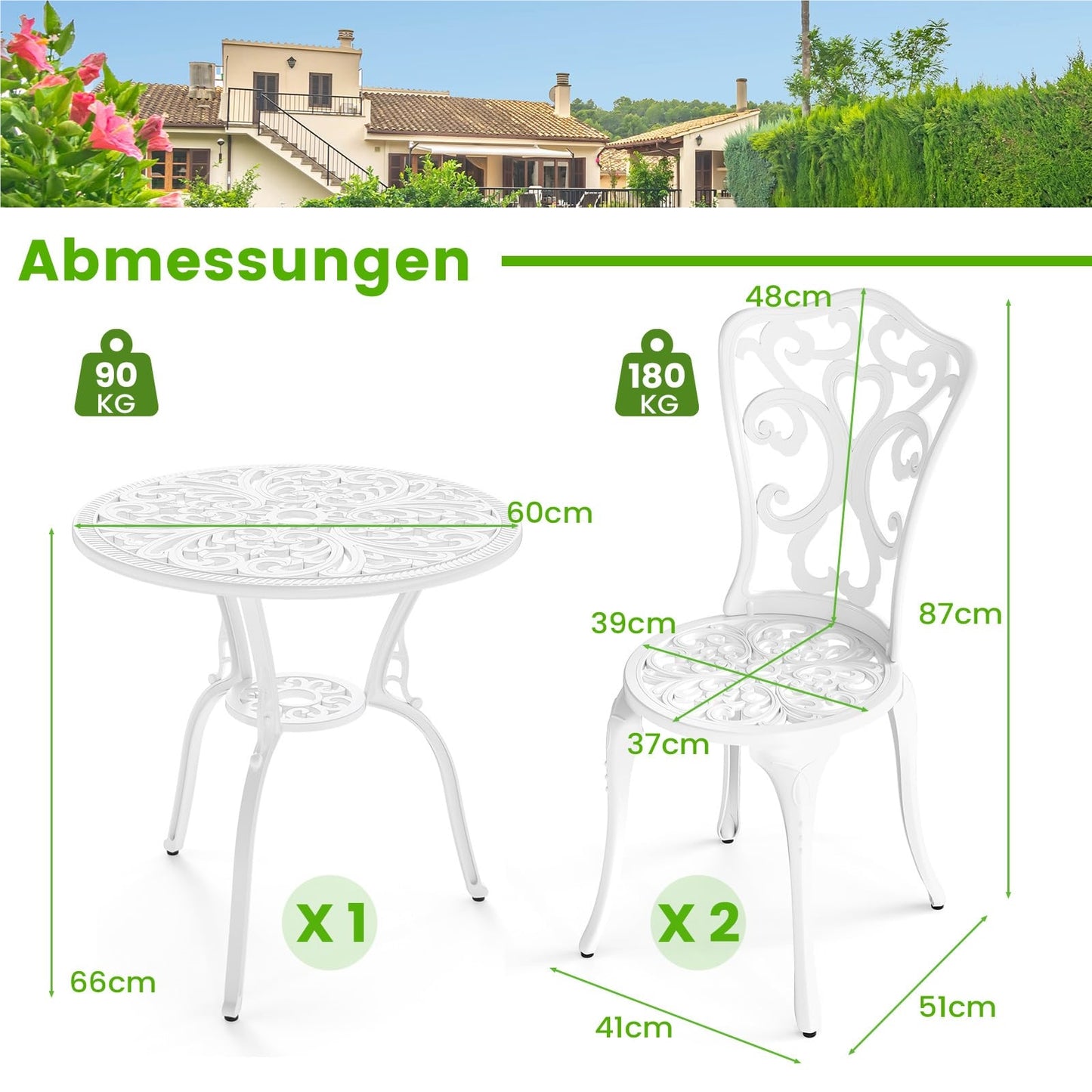 3-delige Tuinset – Bistroset – Balkonset – Terras Meubels – Patio Stoelen – Weerbestendig Aluminium – Stabiel Met Parasolgat – Wit