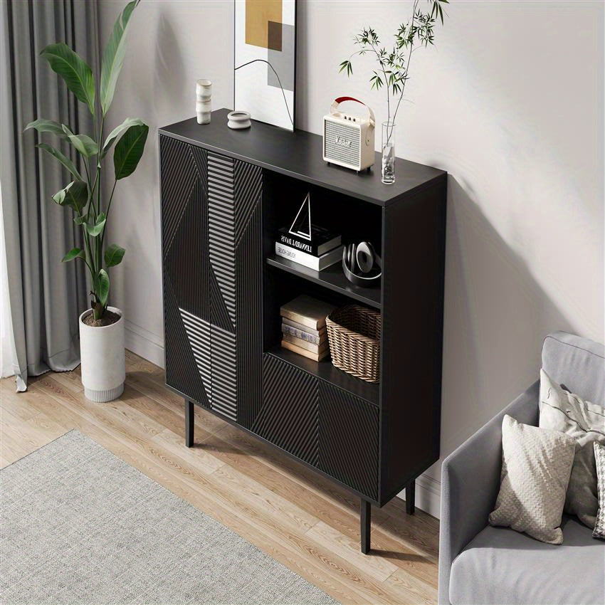 Dressoir – Opbergkast – Buffettafel – TV-meubel – Kast – Mat Zwart – Geometrisch Reliëf – 125x40x86 cm – Stevige Spaanplaat</s>