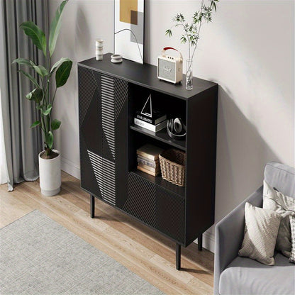 Dressoir – Opbergkast – Buffettafel – TV-meubel – Kast – Mat Zwart – Geometrisch Reliëf – 125x40x86 cm – Stevige Spaanplaat</s>