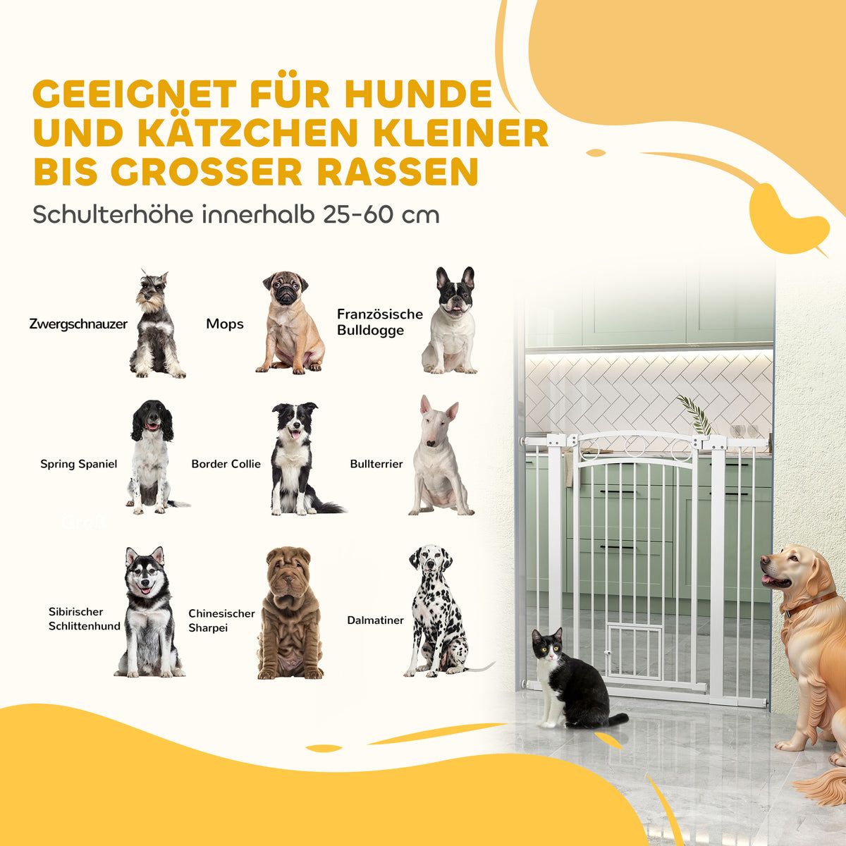 Huisdierslag – Hondenpoort – Babyhek – Traphek – Dierenhek – Wit – Verstelbare Breedte – Ingebouwd Kattenluik – 106 cm Hoog – Duurzaam PVC