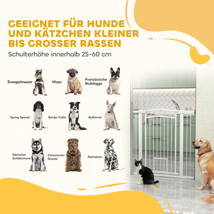 Huisdierslag – Hondenpoort – Babyhek – Traphek – Dierenhek – Wit – Verstelbare Breedte – Ingebouwd Kattenluik – 106 cm Hoog – Duurzaam PVC
