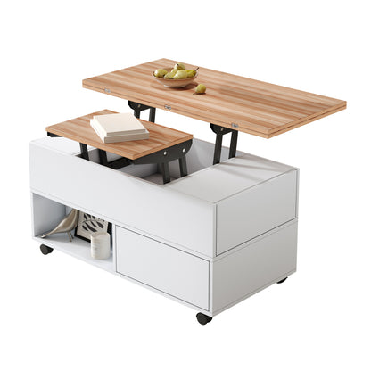 Salontafel – Koffietafel – Tafel – Bijzettafel – Woonkamertafel – Wit Zwart – Verstelbaar Blad Met Wieltjes – Metalen Frame – 4 Laden & Extra Opbergruimte – 100x50x52 cm